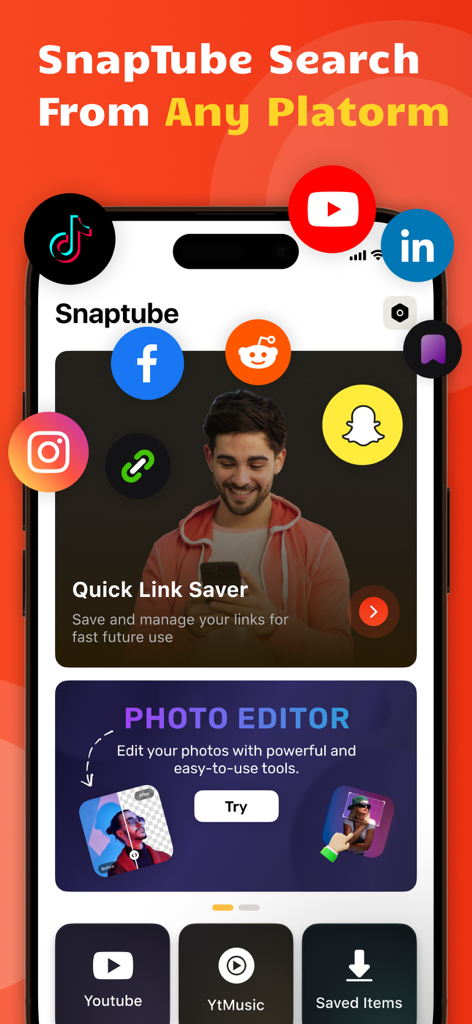 Video Downloader & Saver - SnapTube app interface showing social media link saving and photo editing features