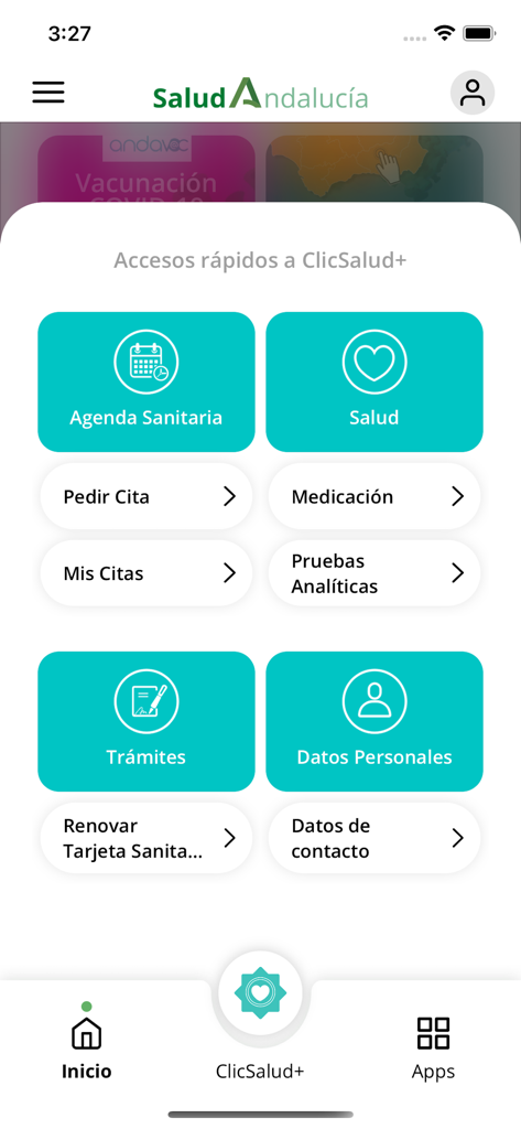 Salud Andalucía - Salud Andalucia mobile app dashboard featuring quick access buttons for health appointments and medical records.
