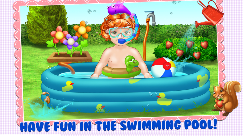 A cartoon baby with red hair and a snorkel mask playing in an inflatable blue swimming pool in a garden.