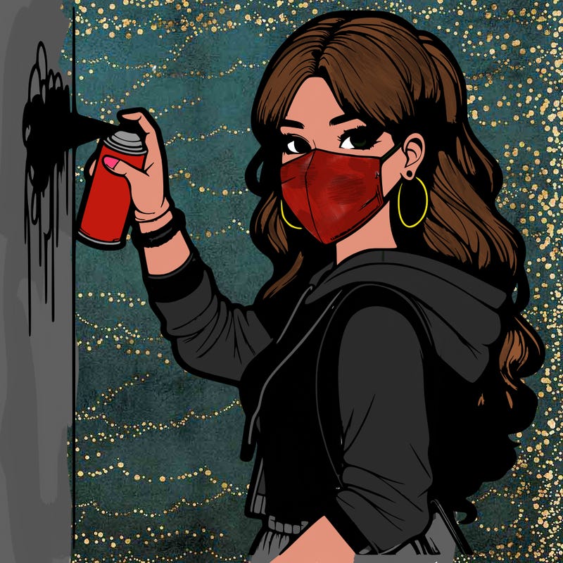 realistic girl with mask spray painting a wall