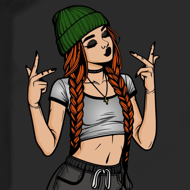 realistic teenage girl with braids and a beanie and crop top doing 🫶🏼