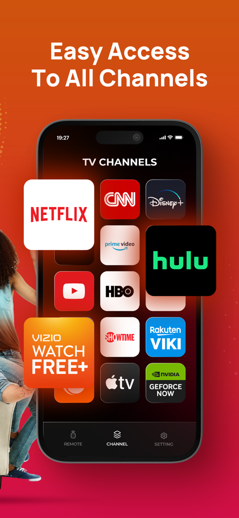 Vizo - Remote for Vizio TV - Interfaz de la aplicación de control remoto Vizo que muestra una lista de canales de streaming como Netflix y Hulu para un fácil acceso en televisores Vizio