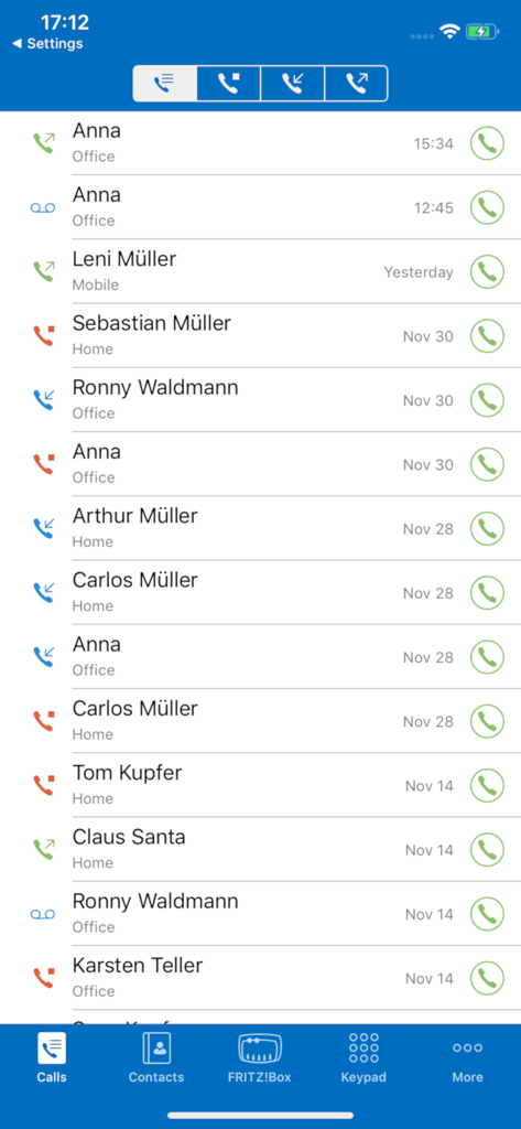 Call history log in the FRITZ!App Fon showing recent incoming and outgoing calls with contact names and timestamps.