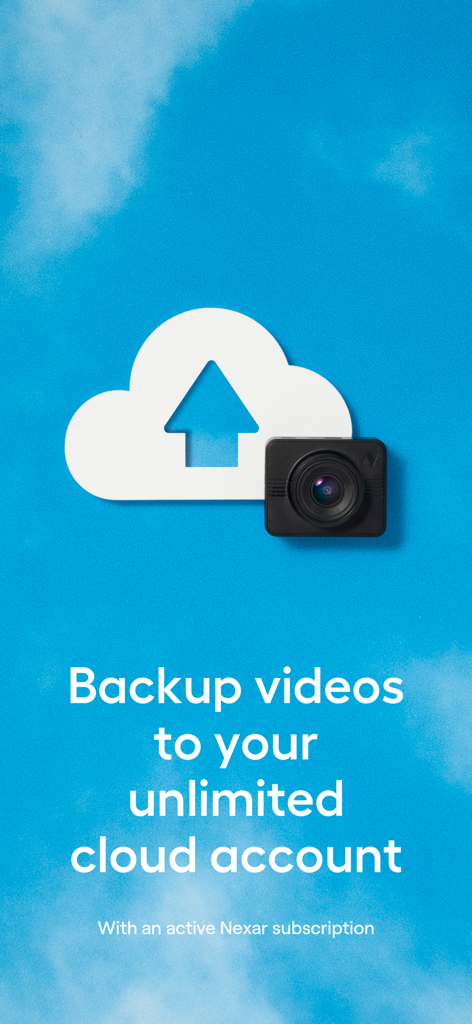 A white cloud icon with an upload arrow and a dash cam representing unlimited cloud video backup for Nexar Classic