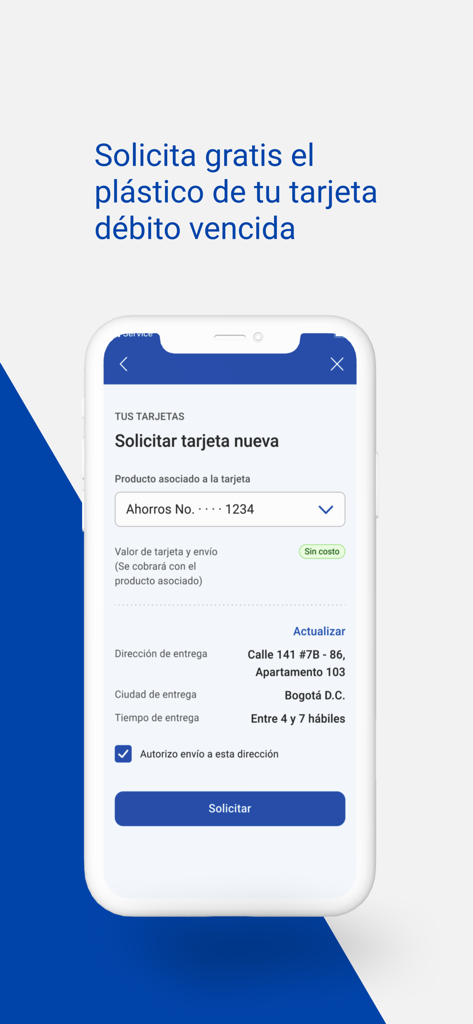 Banco de Bogotá - Tela móvel do aplicativo Banco de Bogota para solicitar um cartão de débito de substituição com informações de entrega.