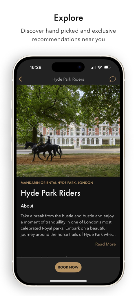 런던 하이드 파크에서 승마에 대한 지역 추천을 보여주는 만다린 오리엔탈 앱 스크린샷.