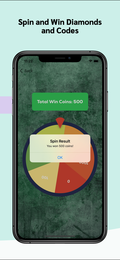 Spin wheel interface in the Diamonds for Freefire app displaying a 500 coin reward