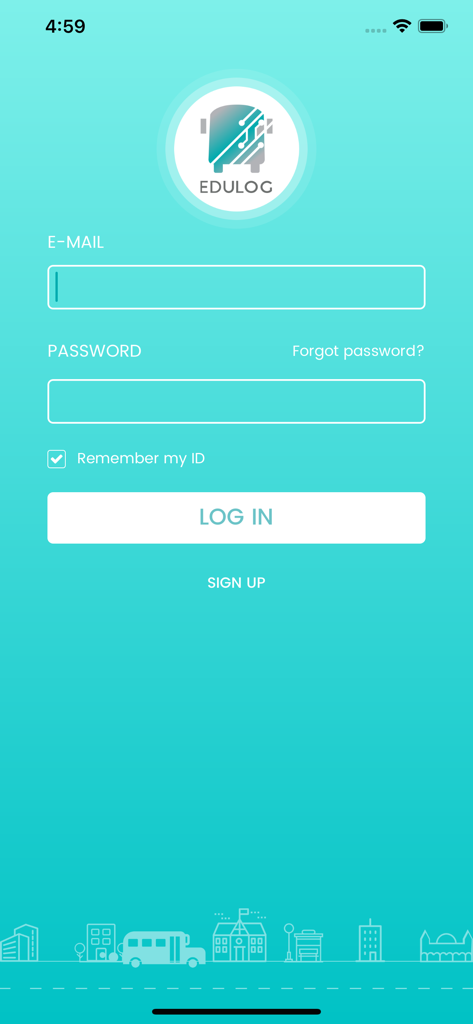 Edulog Parent Portal - Login screen for the Edulog Parent Portal app with email and password fields on a teal background.