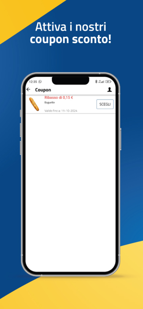 Mondo Mizzica - Schermata di uno smartphone che mostra la sezione coupon dell'app Mondo Mizzica con un'offerta di sconto per una baguette