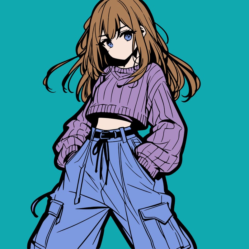 anime teen girl with baggy pants and crop top with sweater