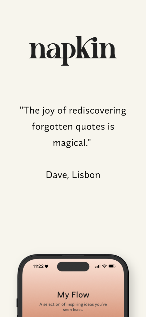 Napkin Ideas - Napkin Ideas app screenshot featuring a testimonial about rediscovering forgotten quotes and the My Flow reflection screen