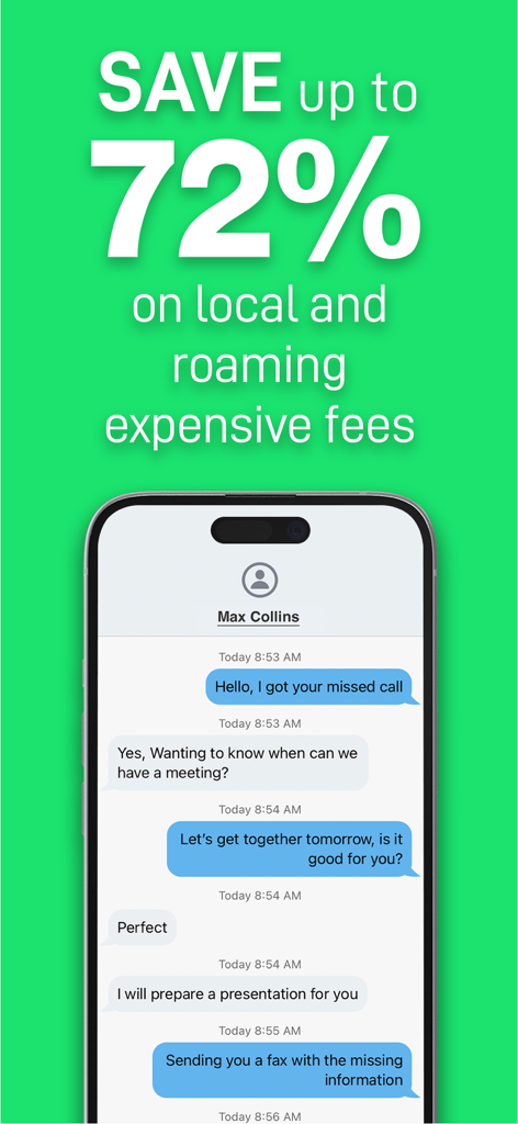 Interfaz de la app 2nd Phone Number mostrando mensajes de texto y una promoción de texto para un ahorro del 72% en tarifas de llamadas