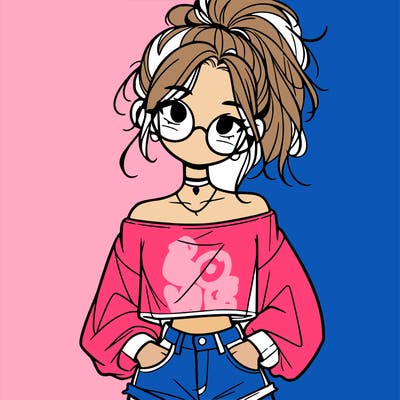 girl with a messy ponytail glasses a baggy crop top and jean shorts
