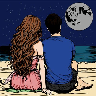 realistic couple on beach sat looking out to sea under the moon woman has long wavy hair man has short hair