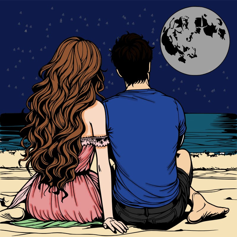 realistic couple on beach sat looking out to sea under the moon woman has long wavy hair man has short hair