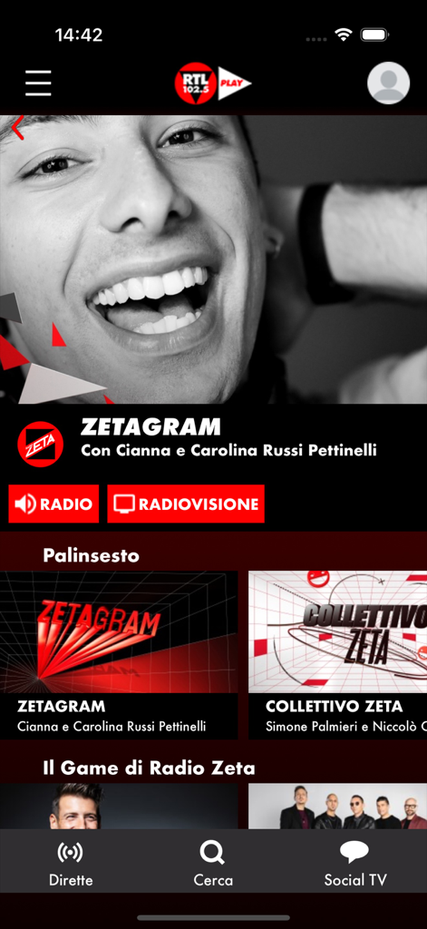 RTL 102.5 PLAY mobile app screen showing the Radio Zeta Zetagram program