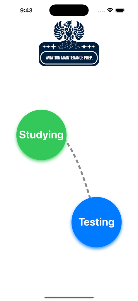 Prepare Aviation Maintenance - Prepare Aviation Maintenanceアプリのメインメニュー画面。学習とテストのオプションが表示されています。