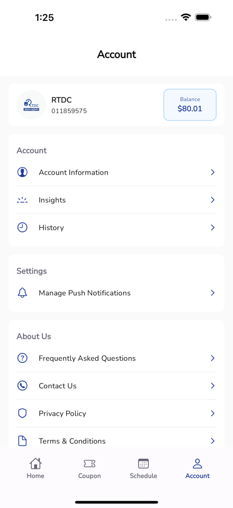 RTDC App - The account profile page of the RTDC dental clinic app showing the user balance account information and settings.