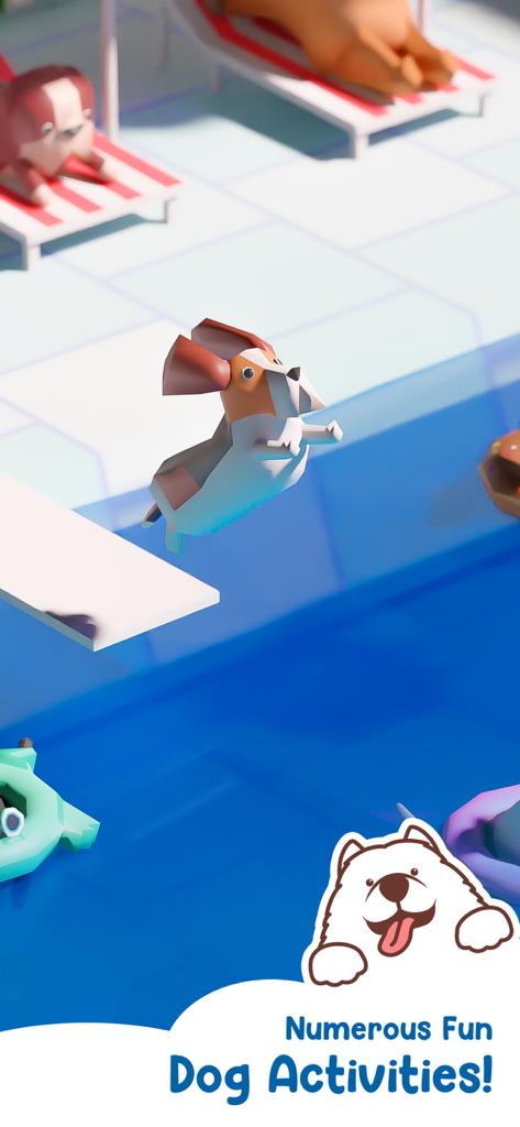 Dog Hotel Tycoon: Pet Game - Un perro estilizado saltando desde un trampolín a una piscina en un hotel para mascotas