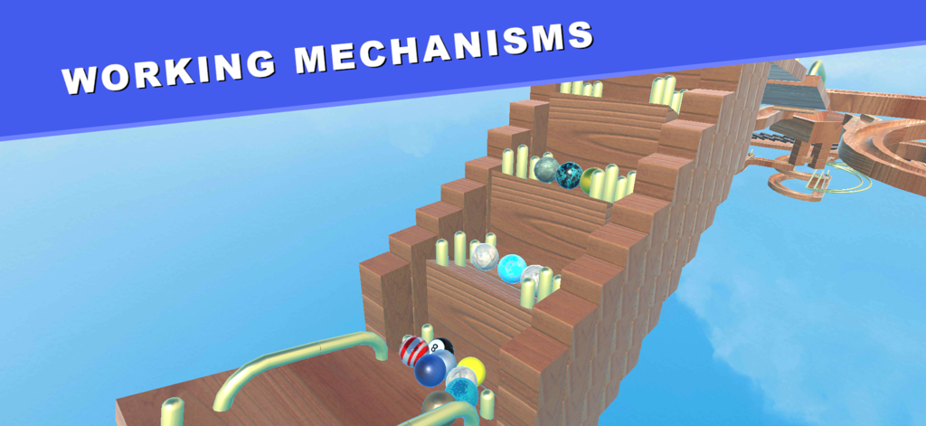 Marble Run : Race builder - Marbles moving up a wooden stair mechanism in the Marble Run builder app