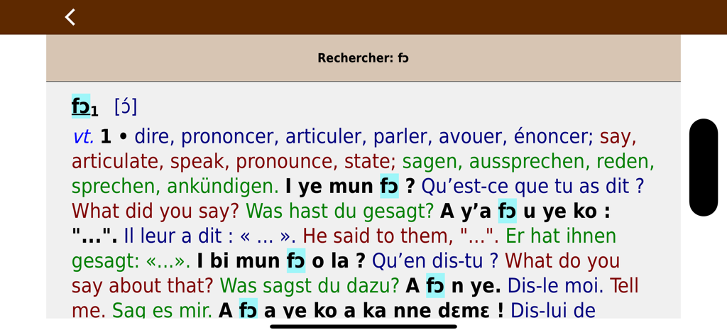 Application de dictionnaire de langue Bambara montrant une entrée de mot avec des traductions en français, anglais et allemand.