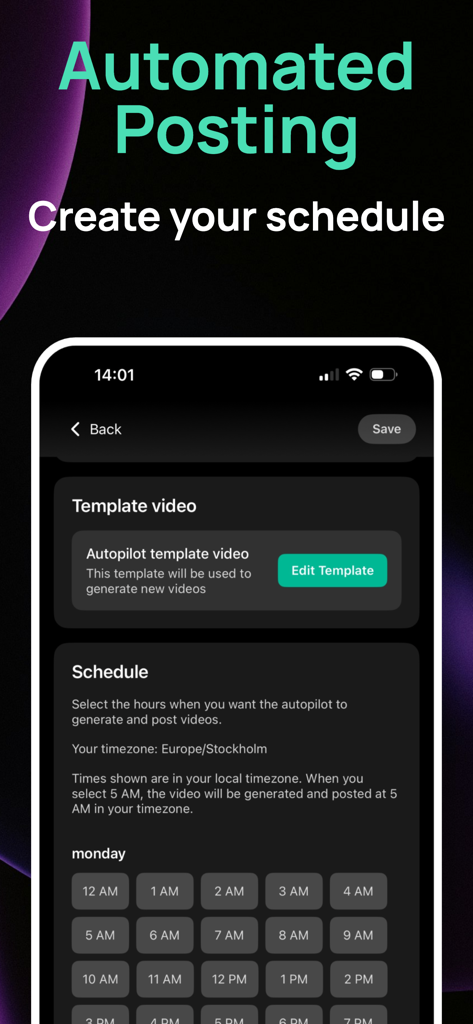 Interface of the Lemon Vid AI app showing the automated video posting scheduler and template settings.