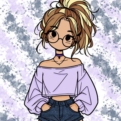 girl with a messy ponytail glasses a baggy crop top and jean shorts