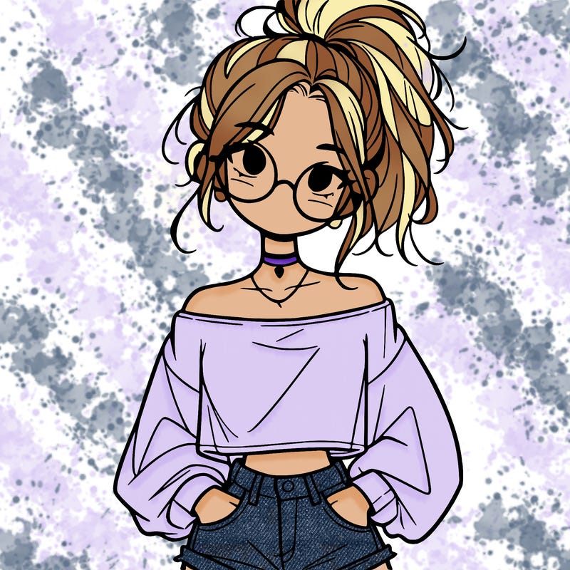 girl with a messy ponytail glasses a baggy crop top and jean shorts