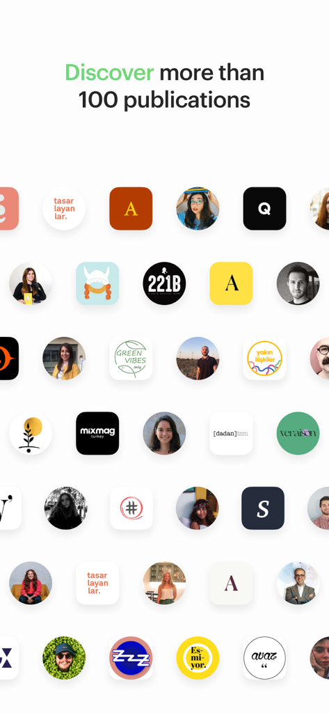 Aposto - A grid of various publication logos and editor portraits on the Aposto app discovery screen.