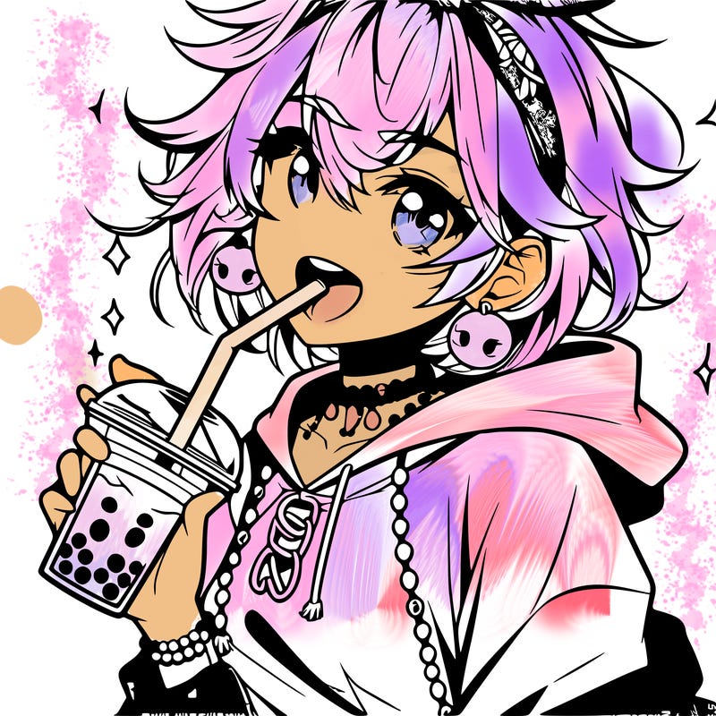 hot baddie anime girl drinking boba and biting the straw