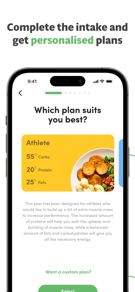 Calories and nutrition tracker - Una captura de pantalla de la aplicación Virtuagym Food que muestra un plan de nutrición para atletas con porcentajes de macronutrientes para carbohidratos, proteínas y grasas