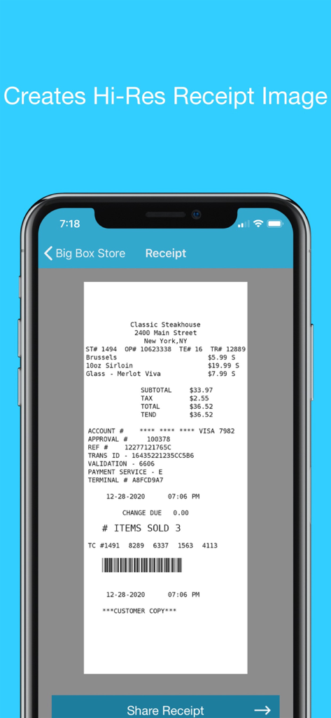 ExpressExpense - ExpressExpense app interface showing a high resolution digital receipt for a restaurant