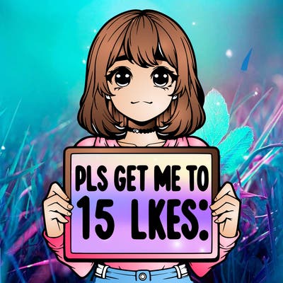 realistic girl holding up a sign that says “pls get me to 15 likes!”