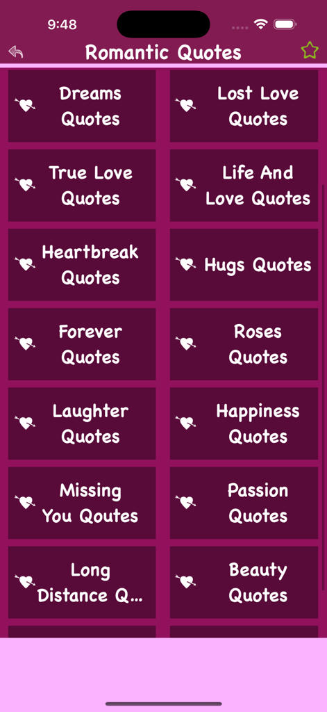 Romantic Quotes Latest Status - Mobile app menu showing various categories of romantic quotes for different relationship situations