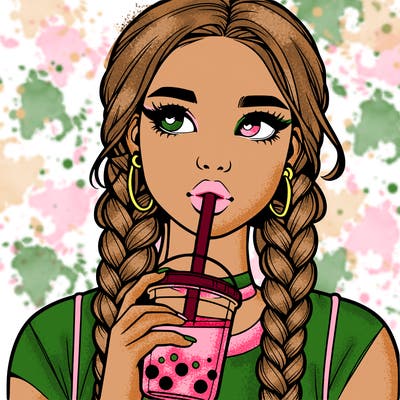 realistic girl with braided hair drinking boba