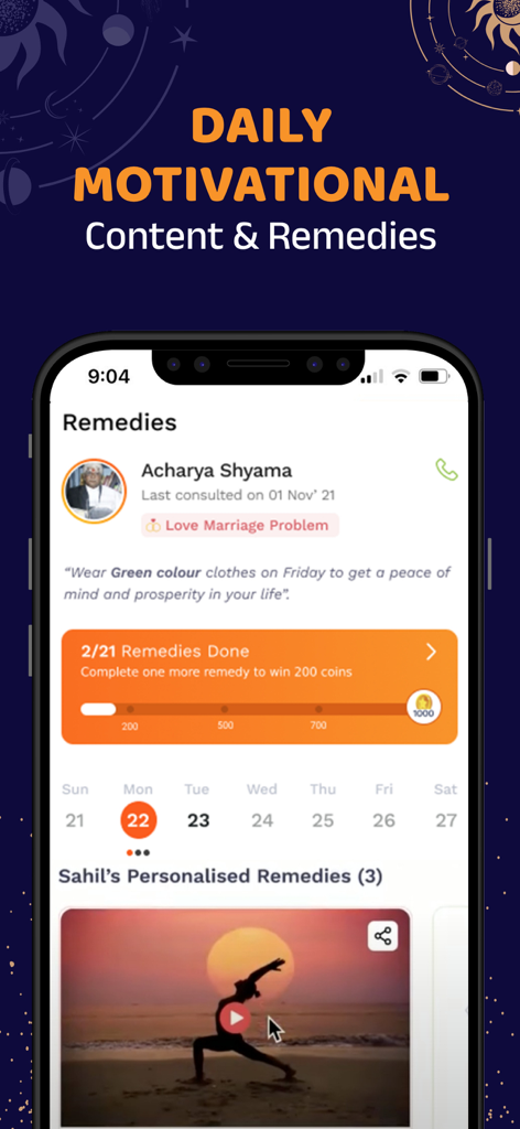 Bodhi: Astrology & Horoscope - Tela do aplicativo Bodhi mostrando remédios astrológicos diários e conteúdo motivacional de vídeo de yoga.