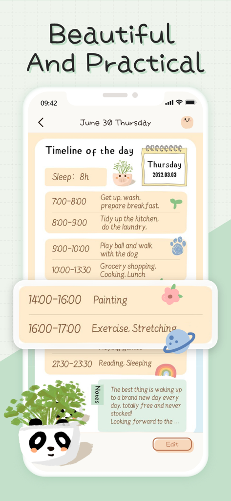 Mininote - Cute note and diary - Aesthetic daily timeline interface in the Mininote app with cute stickers and hand drawn style scheduling