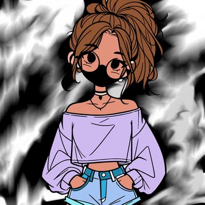 girl with a messy ponytail glasses a baggy crop top and jean shorts