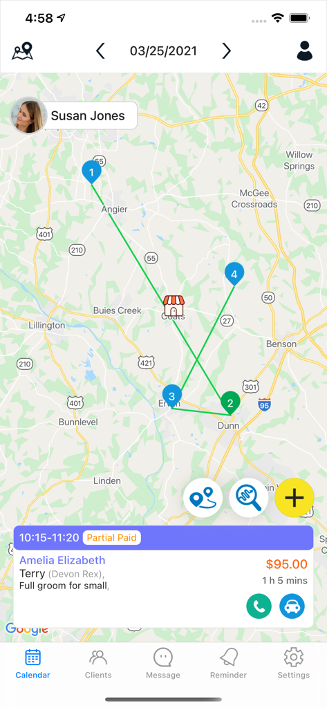 Mobile grooming app interface showing a scheduled route map with appointment details for a pet groomer