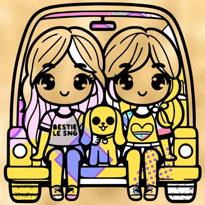 two girls in a car with bestie shirt on and holding a dog and relistig