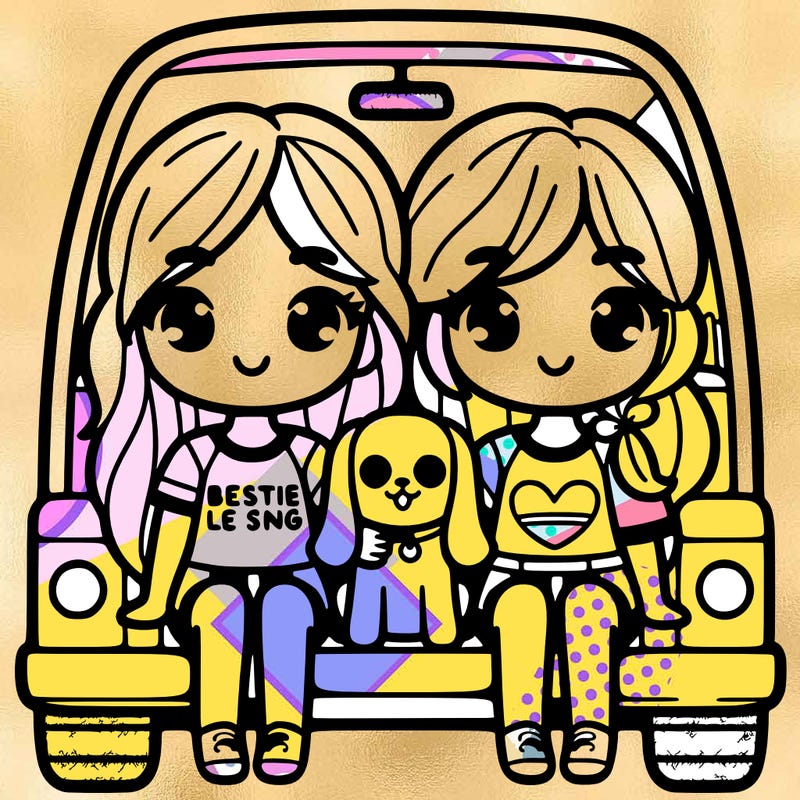 two girls in a car with bestie shirt on and holding a dog and relistig