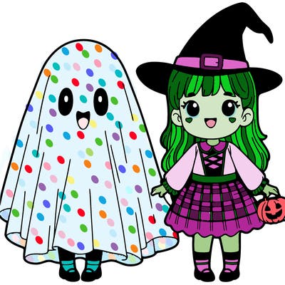 two little girls dressed up for halloween in a bedsheet ghost costume and her friend is a witch