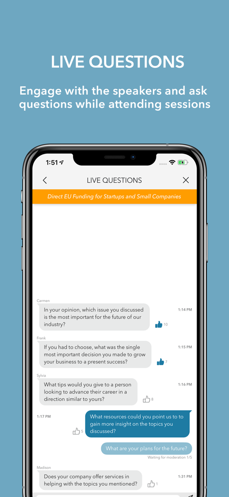 Eventory - for better events - Eventory app interface showing a live Q&A session where attendees can ask questions to speakers in real time