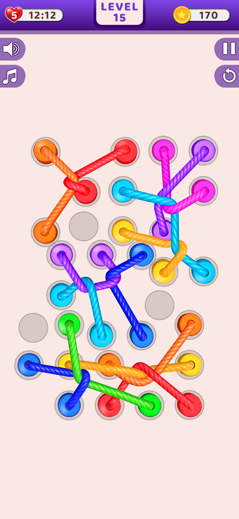 Twisted Tangle Rope: Knots 3D - Level 15 of Twisted Tangle Rope showing colorful 3D ropes tangled on a pegboard