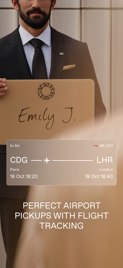 A professional chauffeur holding a personalized name sign with flight tracking details for an airport pickup