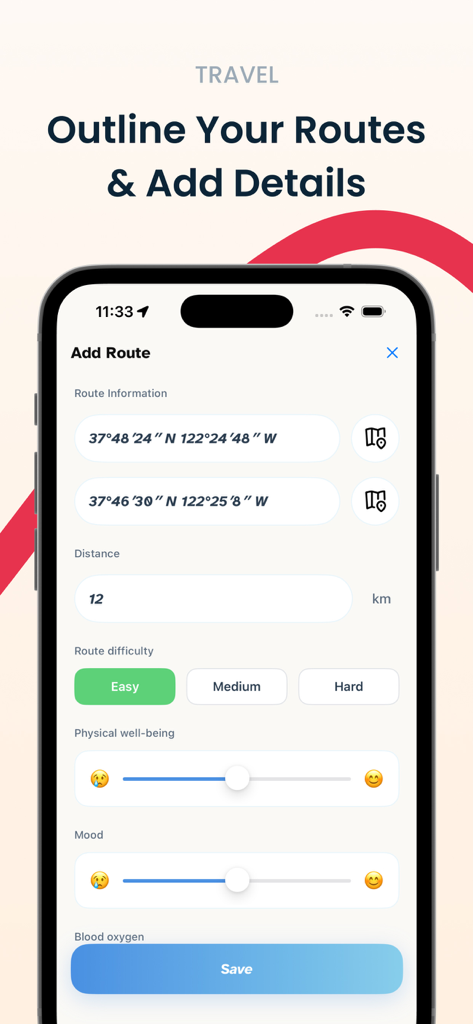 Find my Family Phone: Senti. - Interface do aplicativo Senti mostrando o recurso Adicionar Rota para viagens familiares com rastreamento de dificuldade e humor