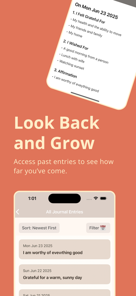 Gratitude Journal - Reflect - 過去のエントリと毎日のアファメーションの履歴を示すReflect Gratitude Journalアプリのインターフェース