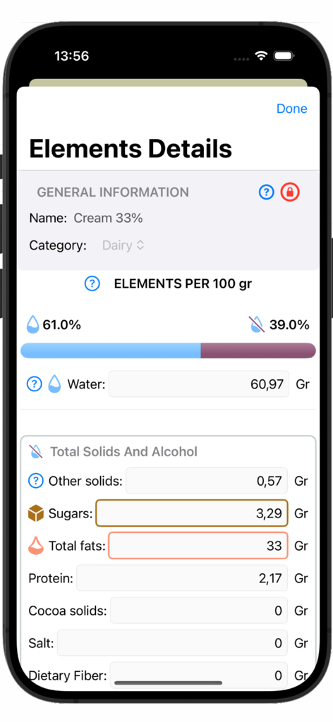 Gelato Maestro Pro: Recipe - Schermata mobile che mostra una ripartizione dettagliata degli elementi degli ingredienti, inclusi grassi, proteine e zuccheri nell'app Gelato Maestro Pro