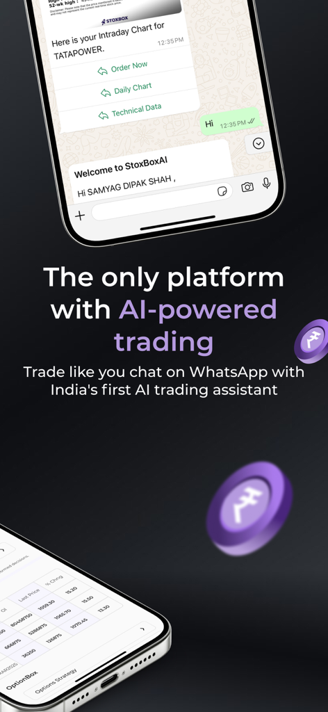 Gráfico promocional de la aplicación StoxBox destacando su asistente de trading impulsado por IA en WhatsApp para el mercado de valores indio.