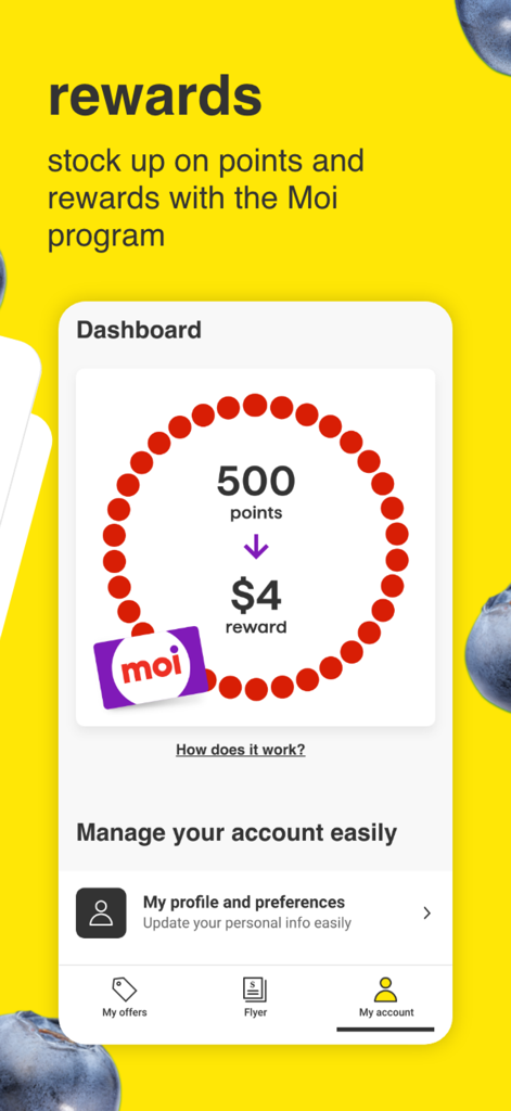 獲得ポイントとリワード価値を表示するFood BasicsアプリのMoiリワードダッシュボード